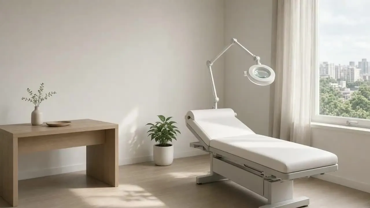 Sala de atendimento do consultório no Batel, com maca branca e luz da manhã entrando pela janela