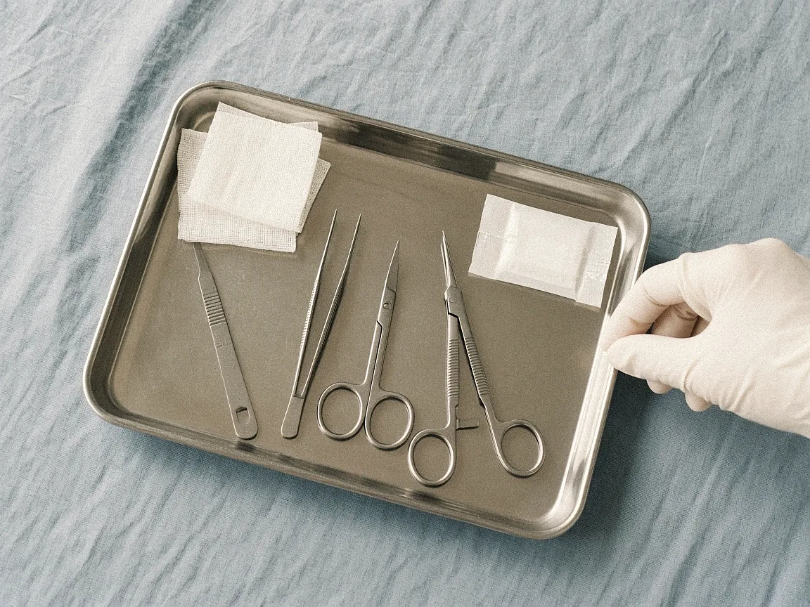 Bandeja de instrumentos cirúrgicos esterilizados sobre campo azul