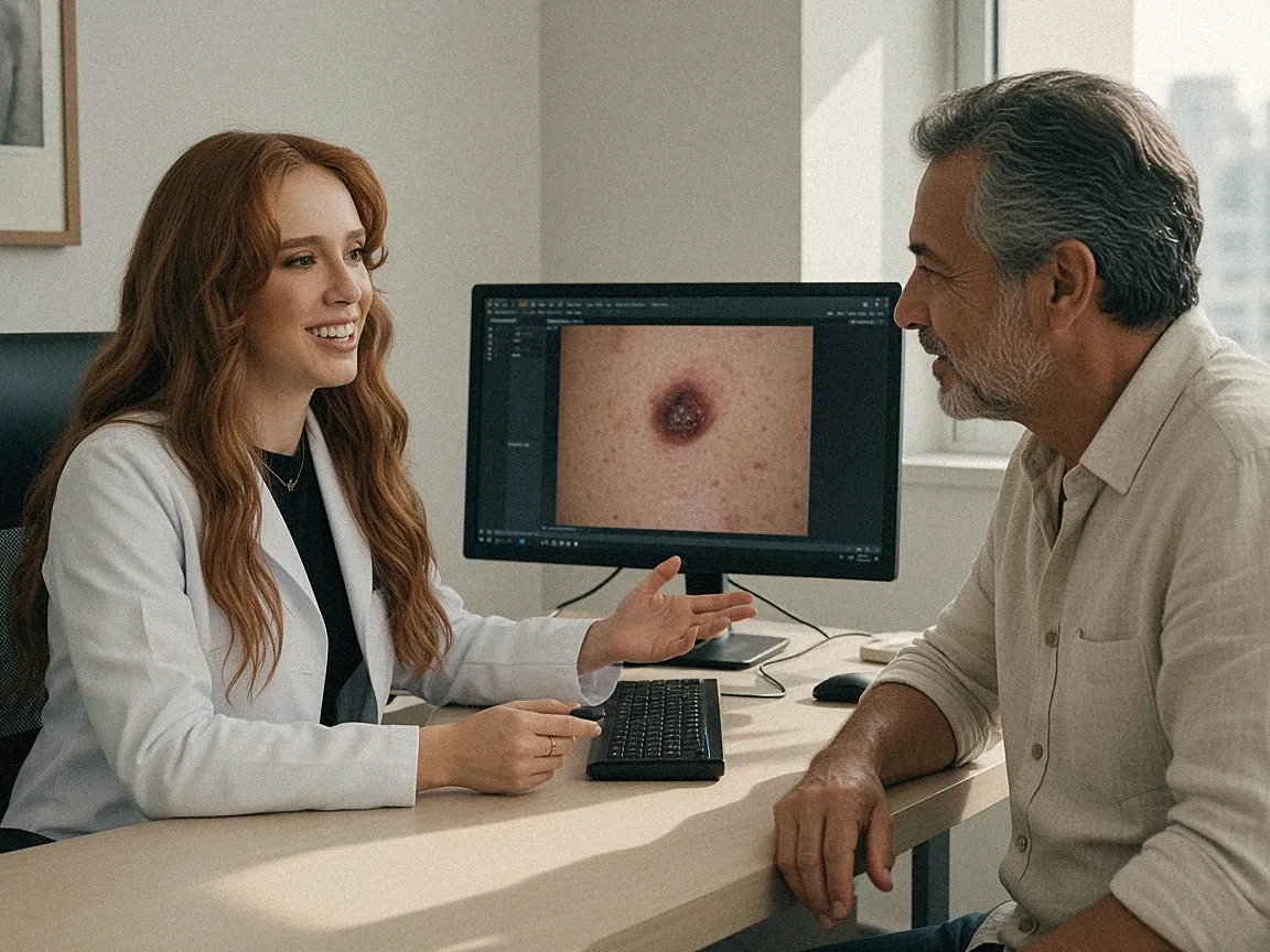 A médica mostra a um paciente a imagem ampliada da pinta no monitor