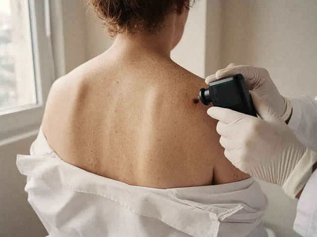 Paciente de costas, com a camisa abaixada, enquanto a médica de luvas examina as pintas com o dermatoscópio